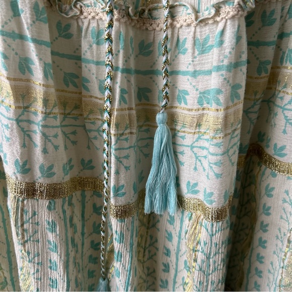 Soft Surroundings Aegean Tiered Boho Maxi Dress Metallic Gold Aqua Blue Cream M - Picture 7 of 11